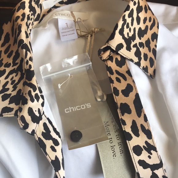 🚨 New CHICO White Cotton Leopard Animal Print Trim Button Up Blouse - Picture 7 of 8